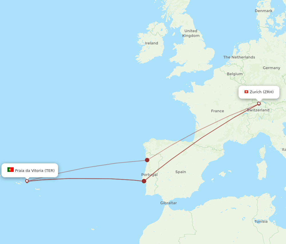 Zurich - Terceira route map and flight paths