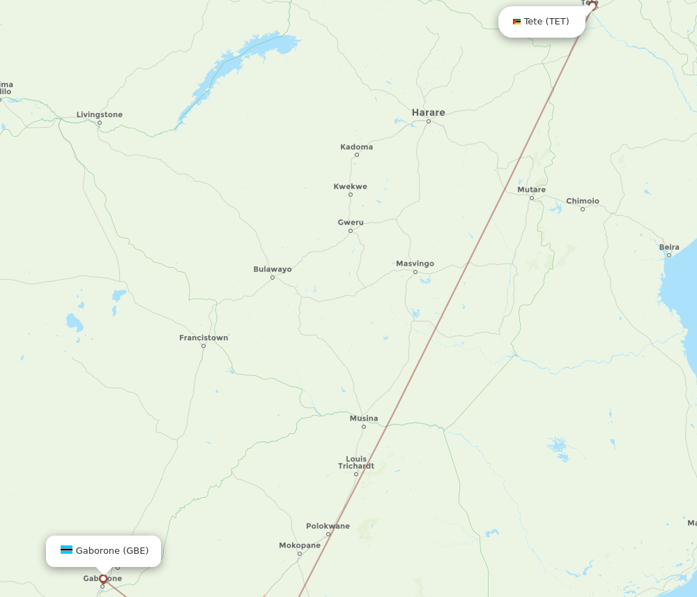 TET to GBE flights and routes map