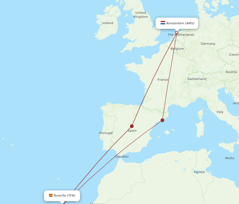 TFN to AMS flights and routes map