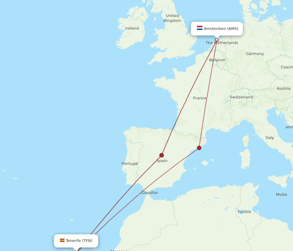 TFN-AMS flight routes