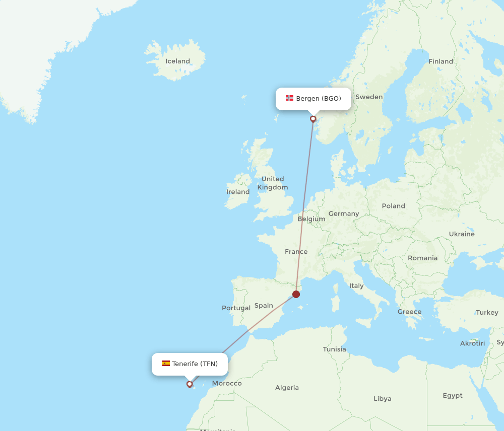 Tenerife - Bergen route map and flight paths