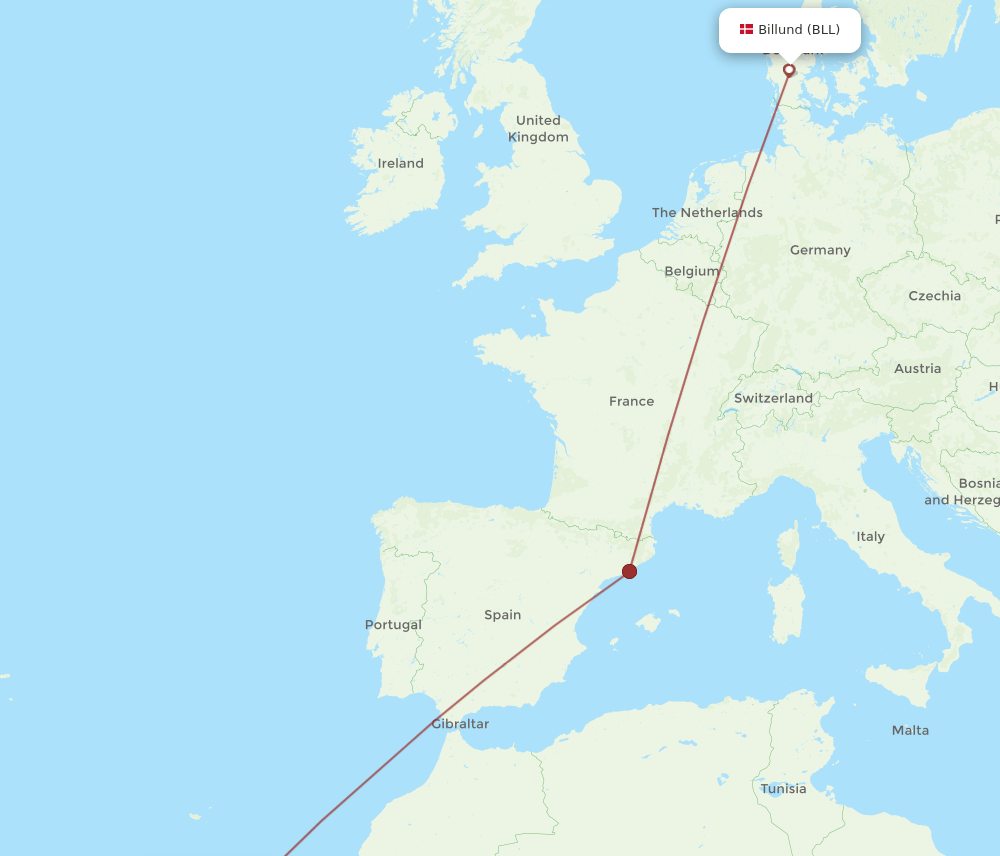 TFN to BLL flights and routes map