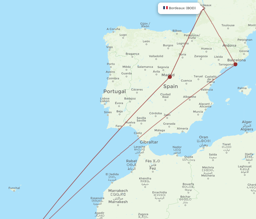 TFN to BOD flights and routes map