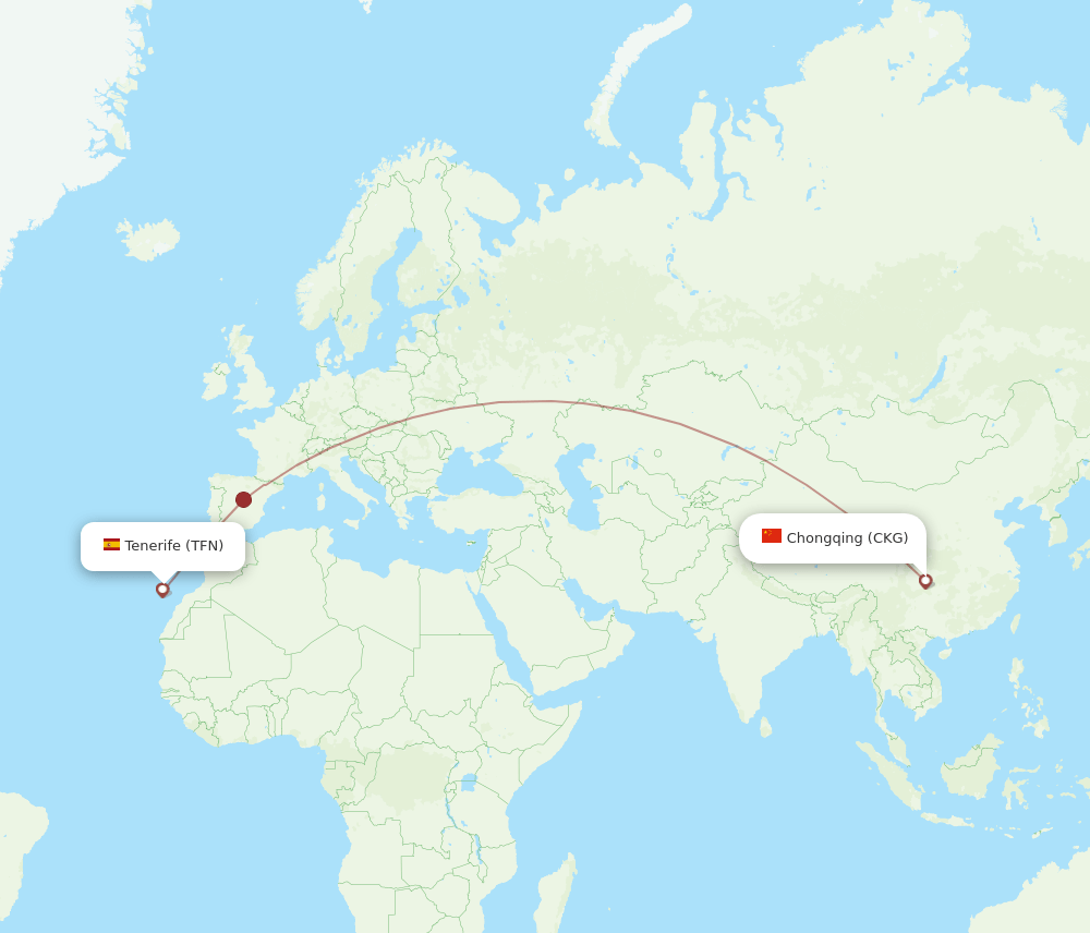 Tenerife - Chongqing route map and flight paths