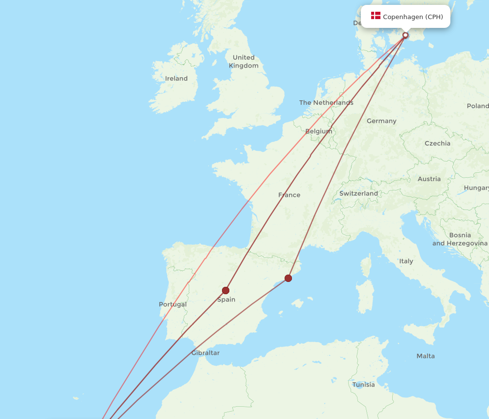 TFN to CPH flights and routes map