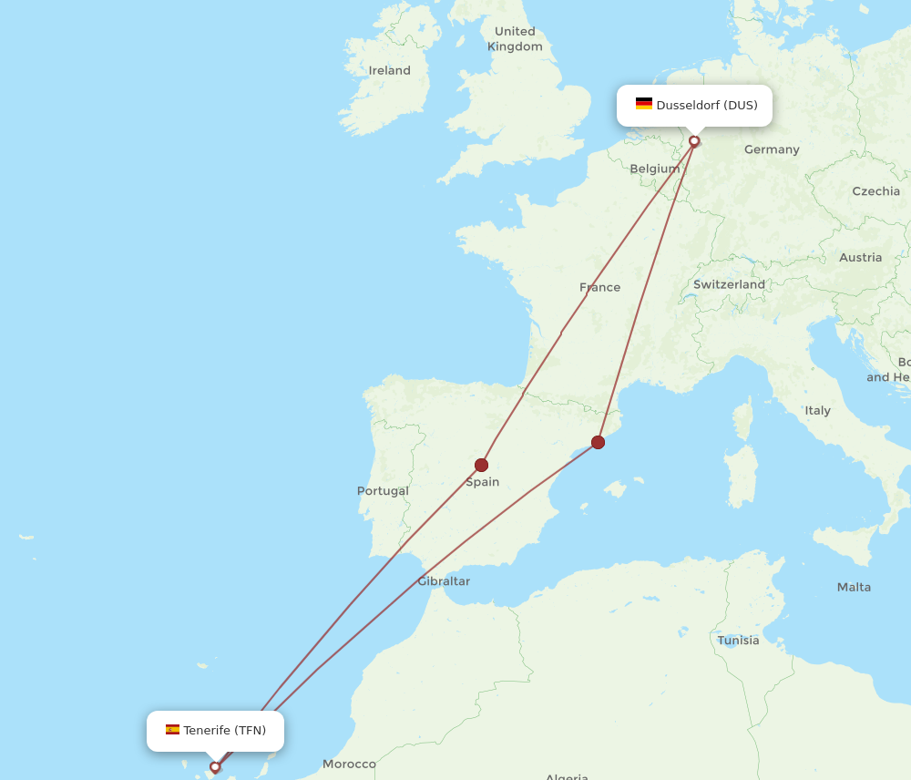 TFN to DUS flights and routes map