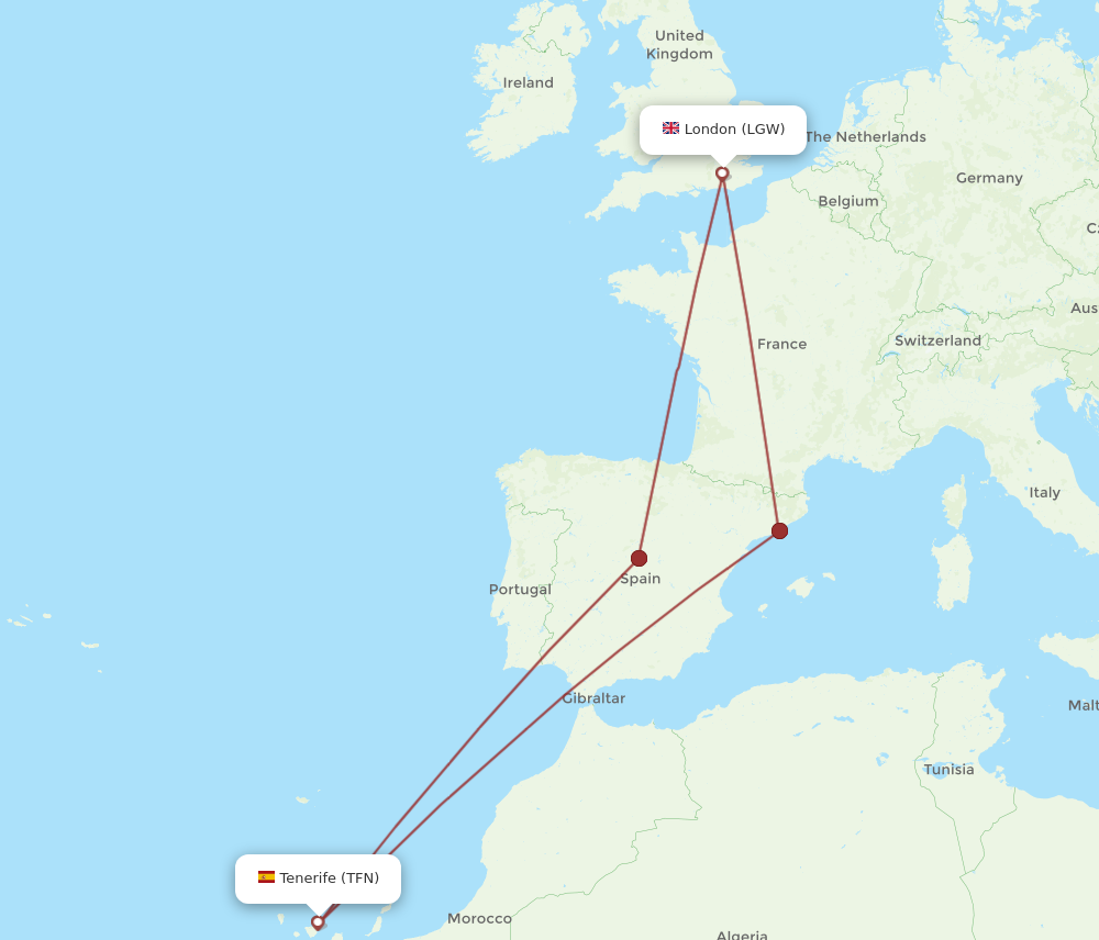 TFN to LGW flights and routes map