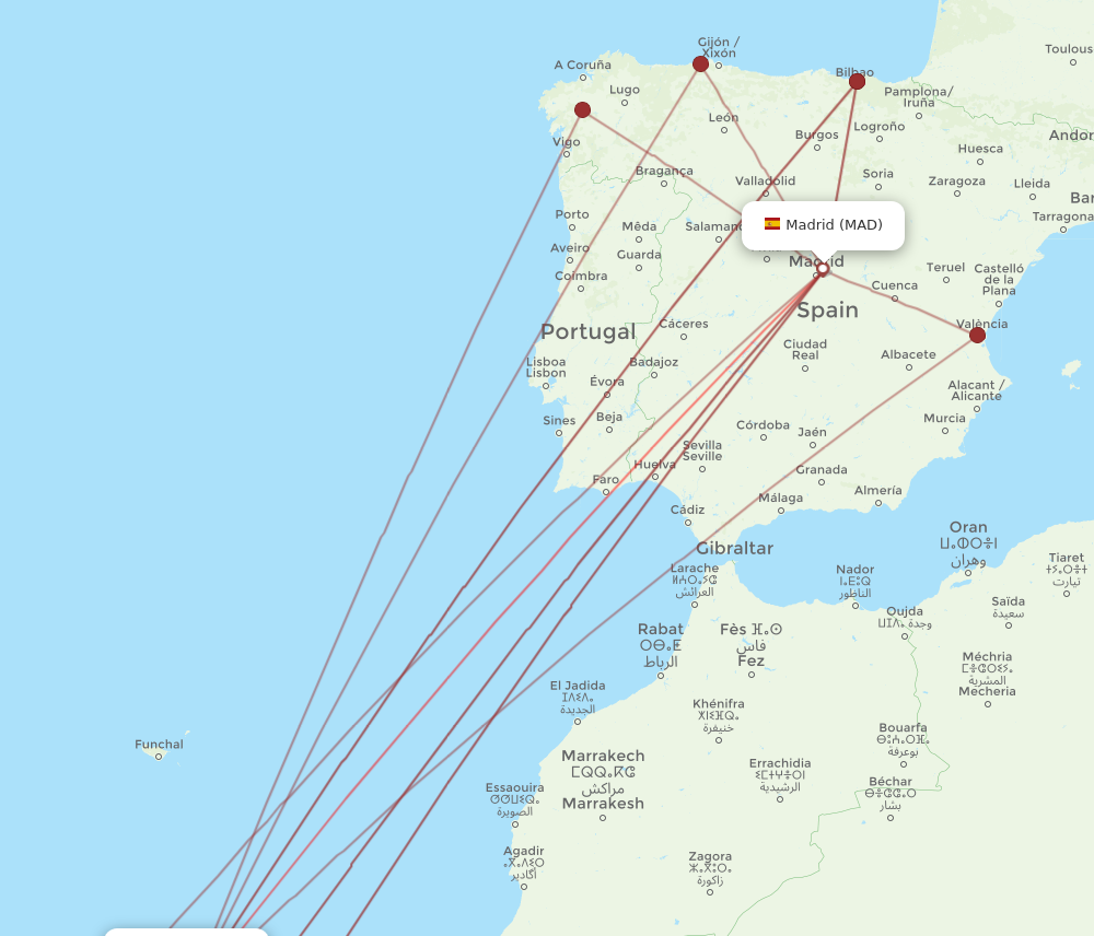 TFN to MAD flights and routes map