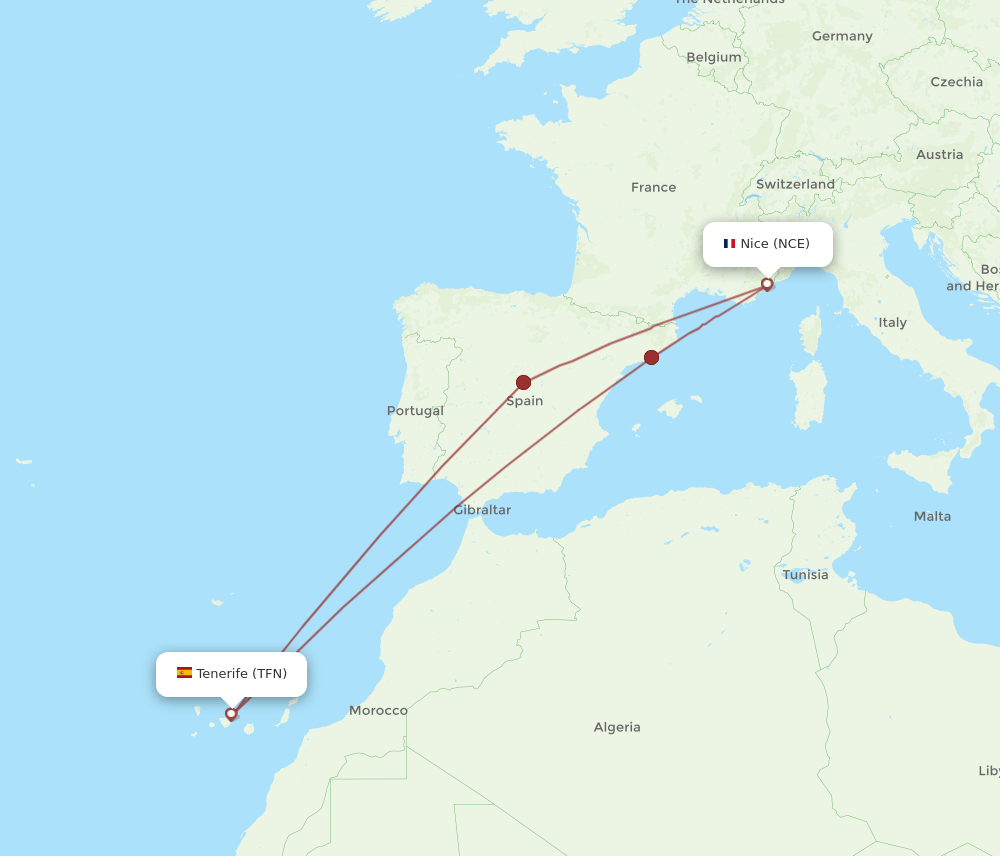 TFN to NCE flights and routes map