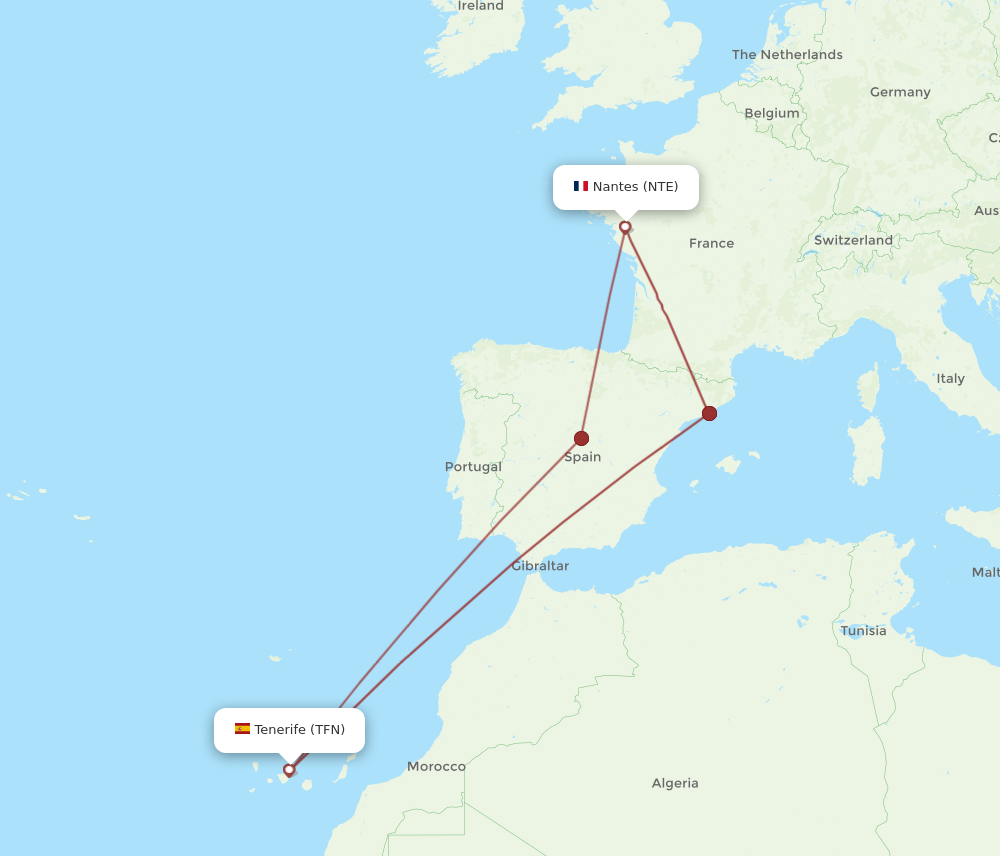 TFN to NTE flights and routes map