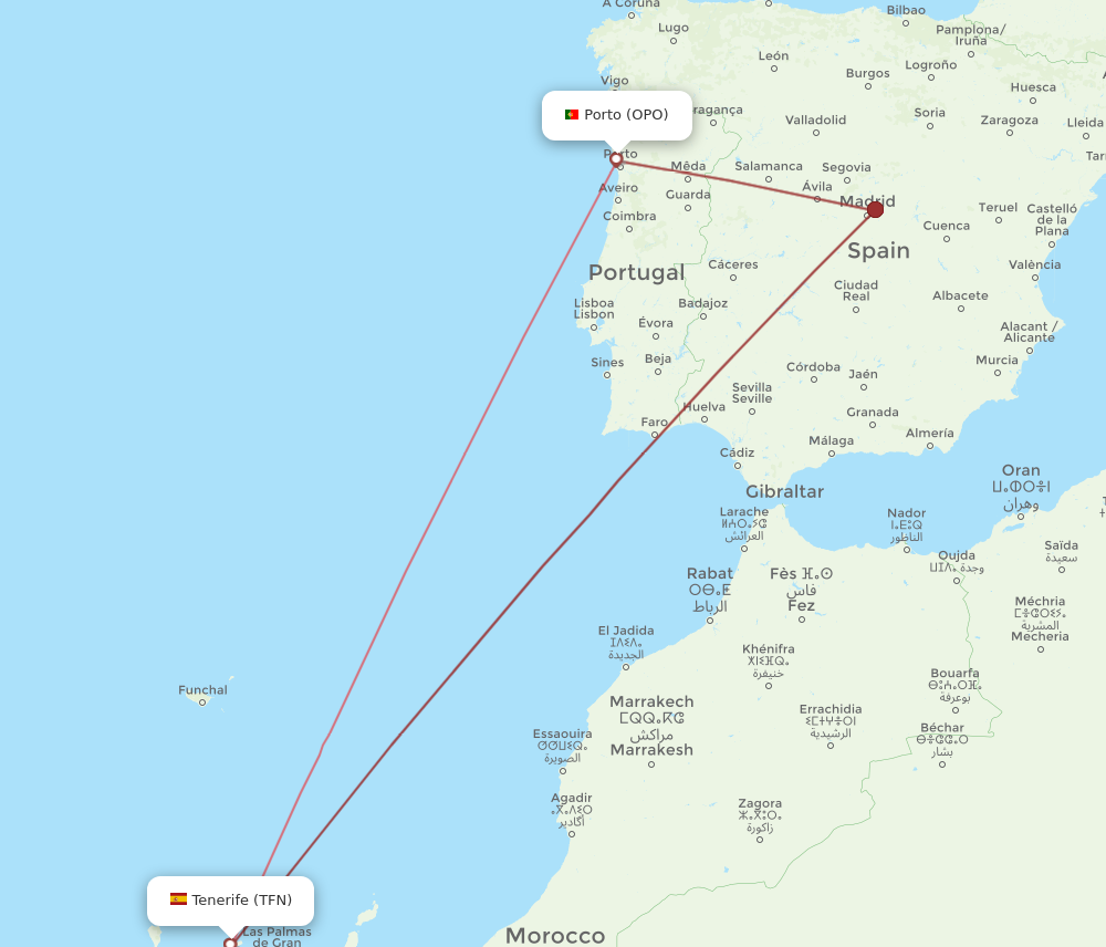 TFN to OPO flights and routes map