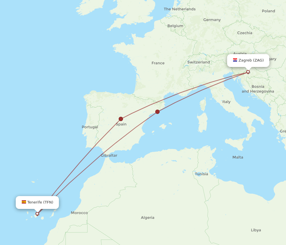 TFN-ZAG flight routes