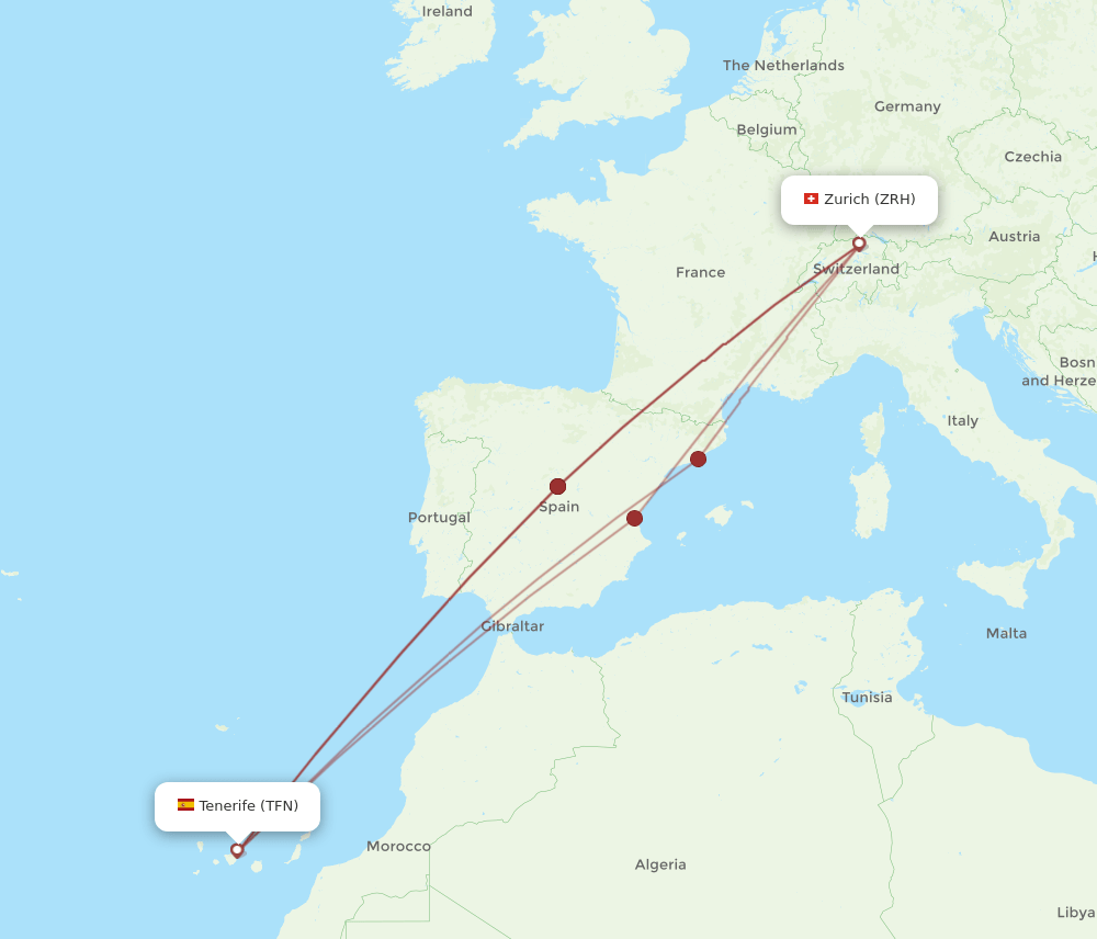 Zurich - Tenerife route map and flight paths