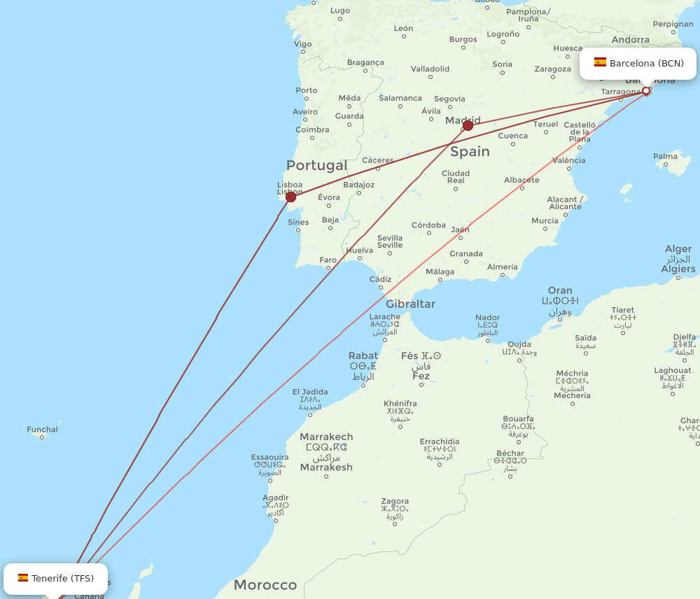 TFS to BCN flights and routes map