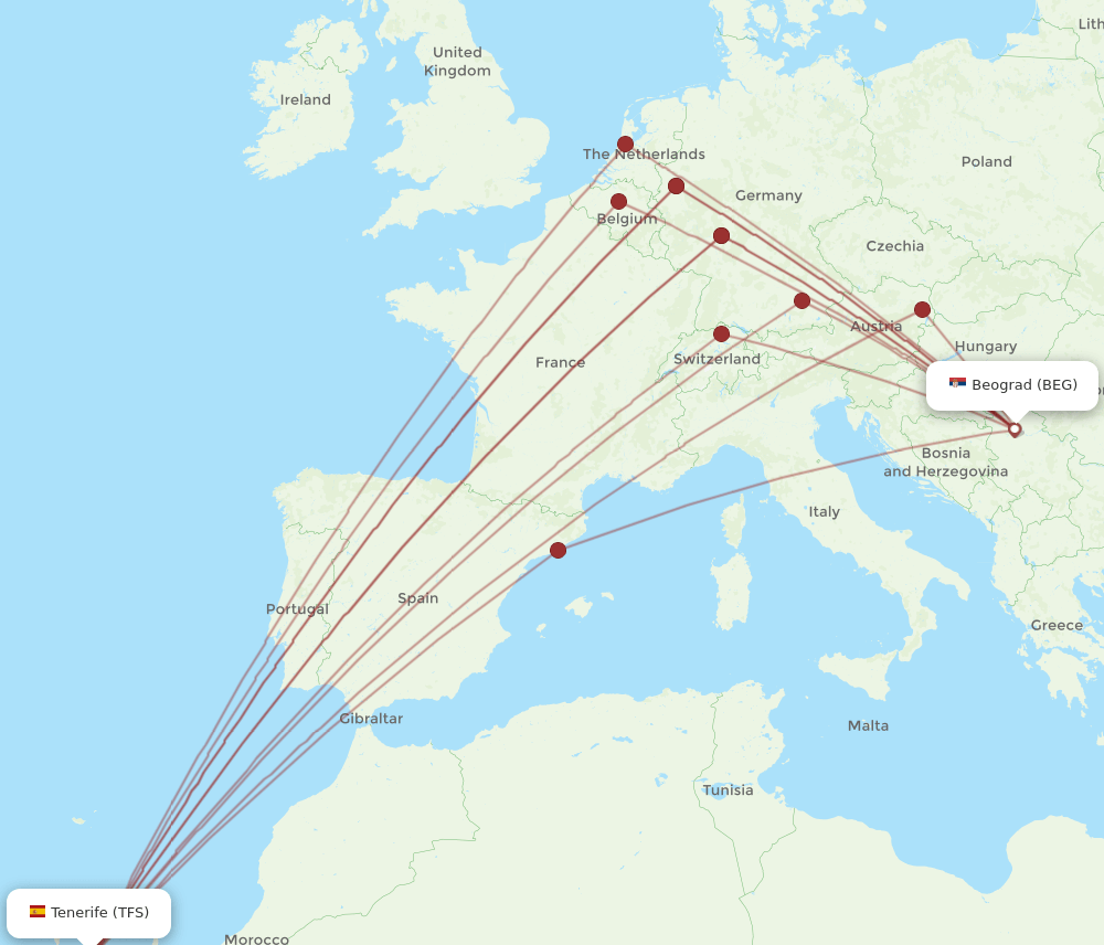 TFS to BEG flights and routes map