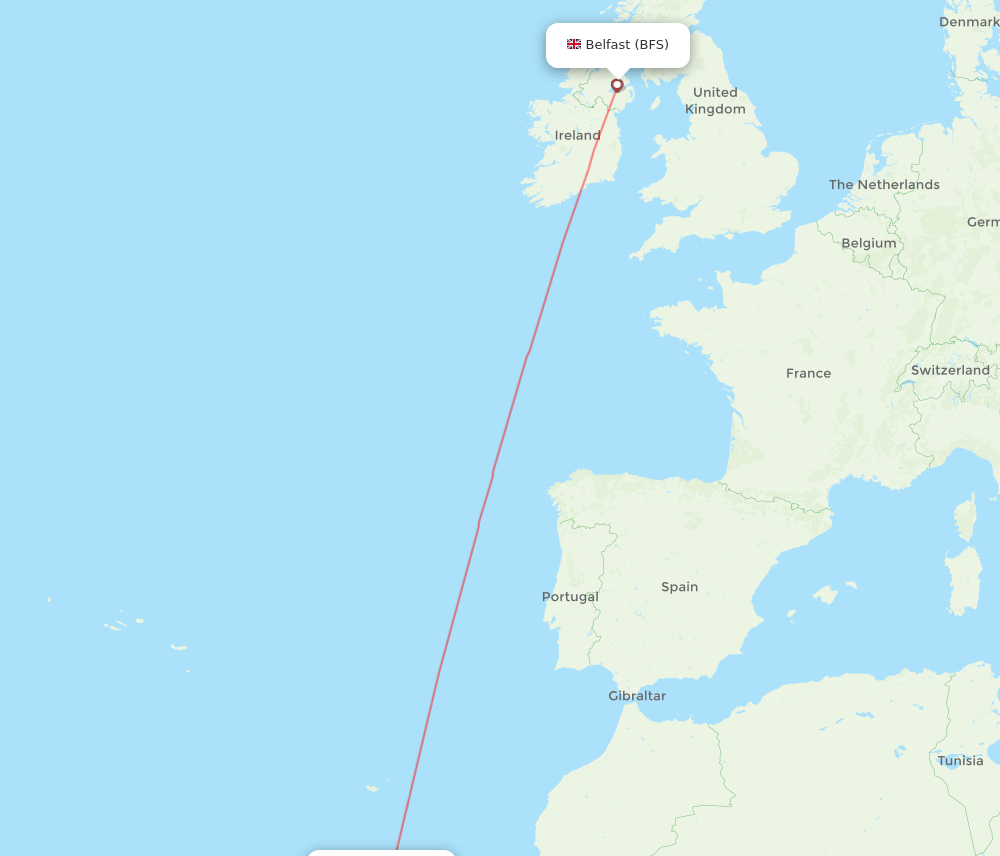 Tenerife - Belfast route map and flight paths