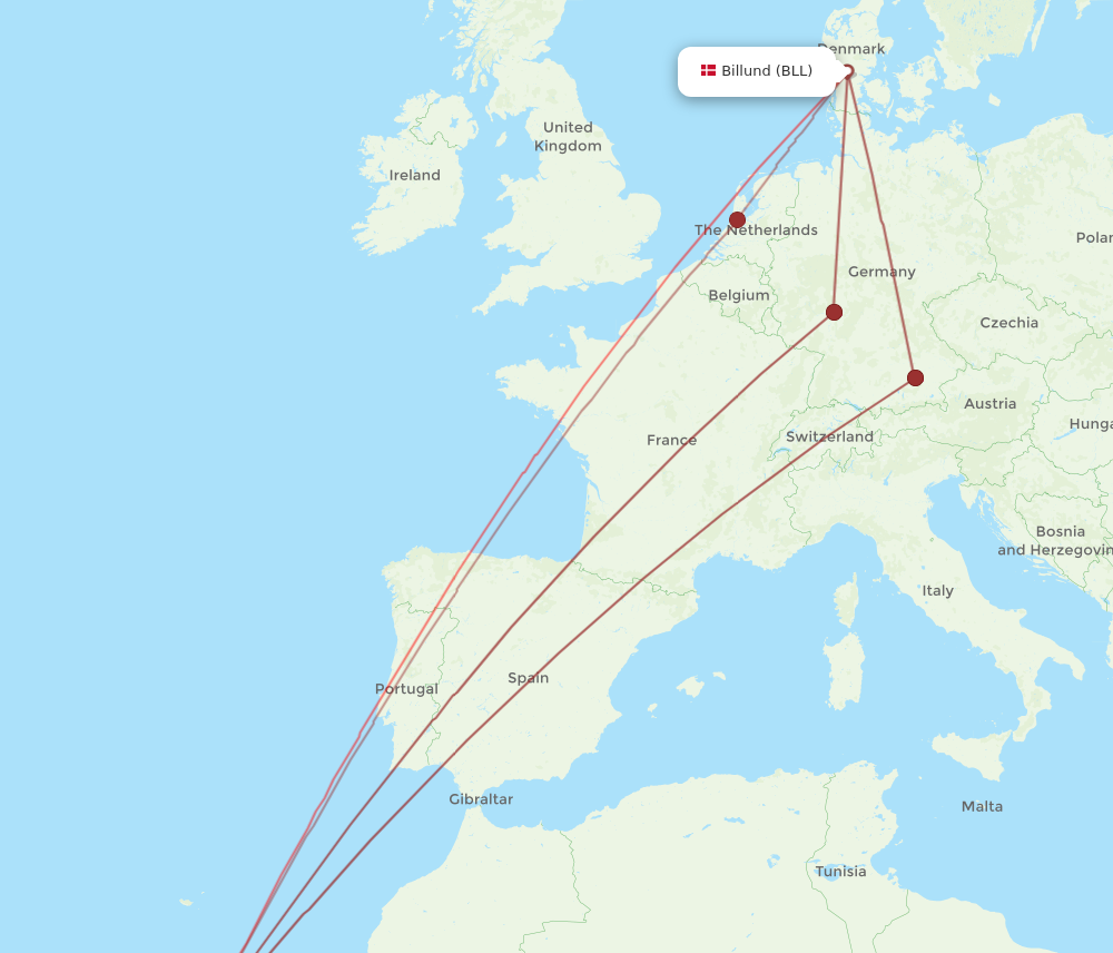 TFS to BLL flights and routes map