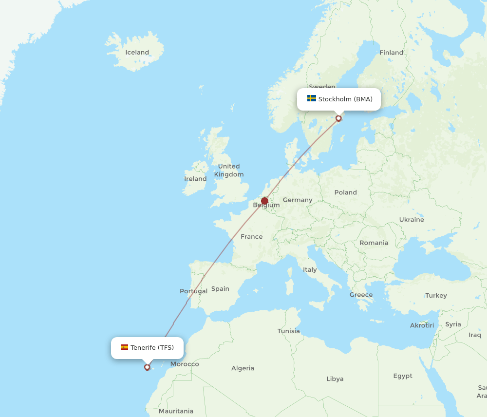 Tenerife - Stockholm route map and flight paths