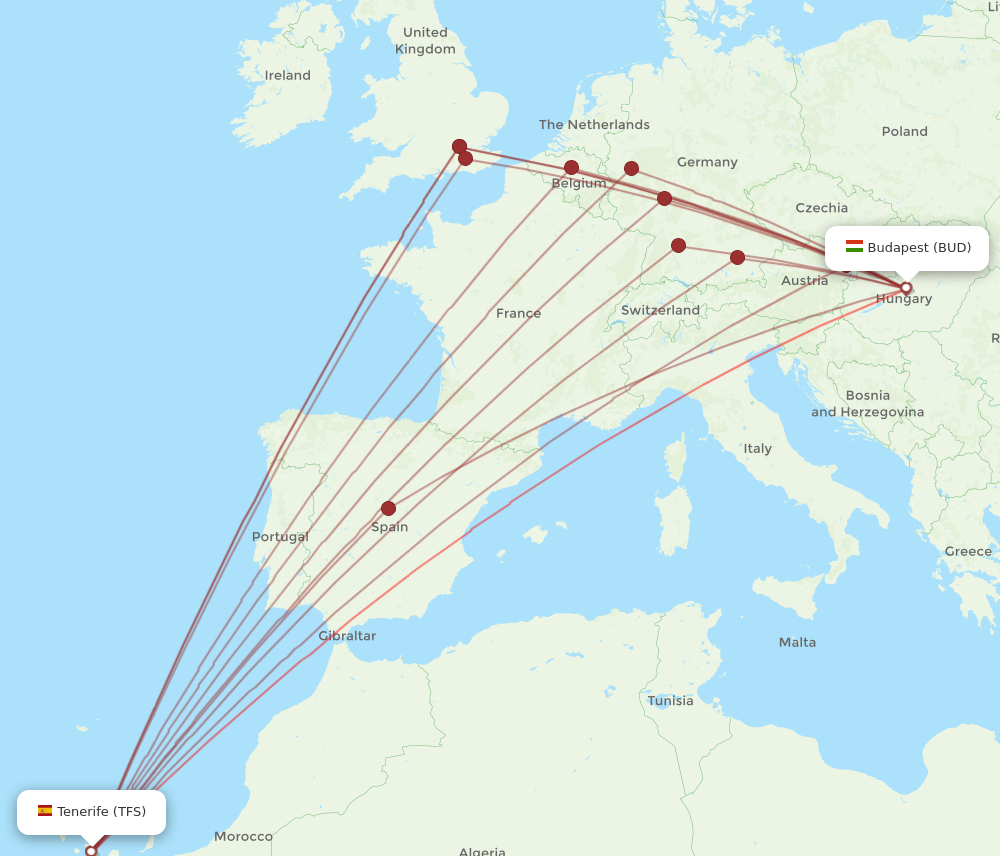 TFS to BUD flights and routes map
