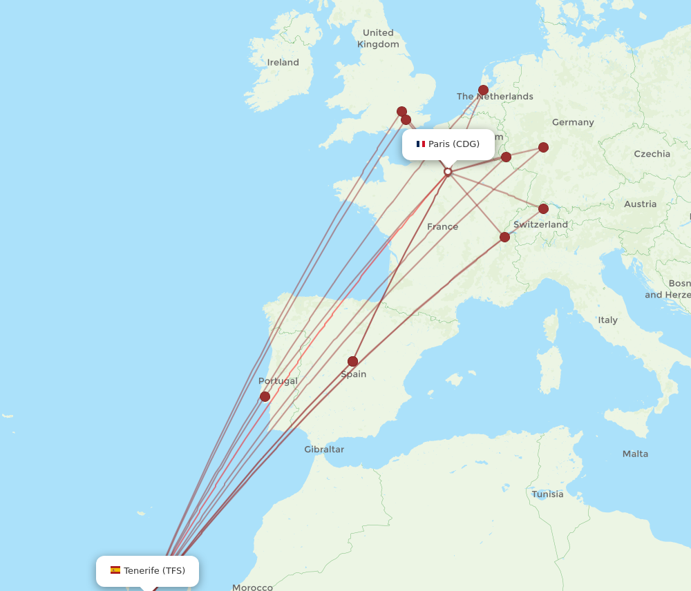 TFS to CDG flights and routes map