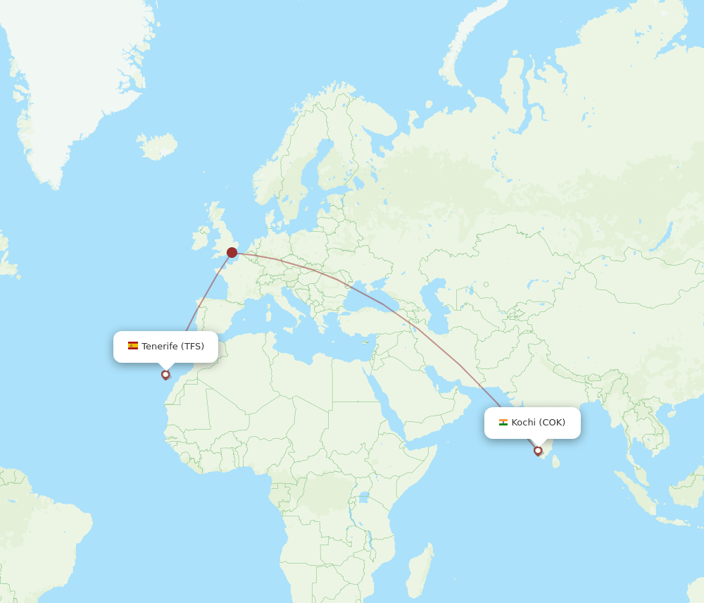 Tenerife - Kochi route map and flight paths