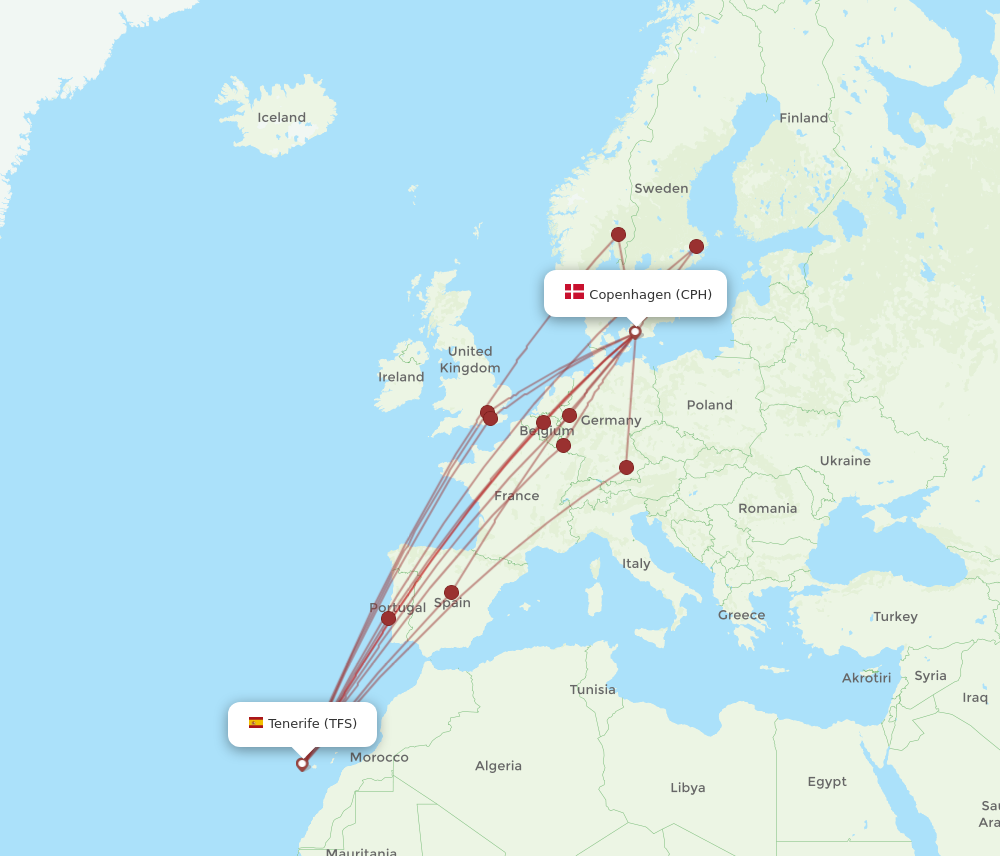 TFS to CPH flights and routes map