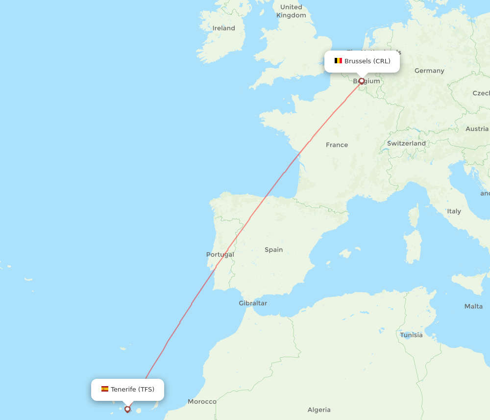 Tenerife - Brussels route map and flight paths