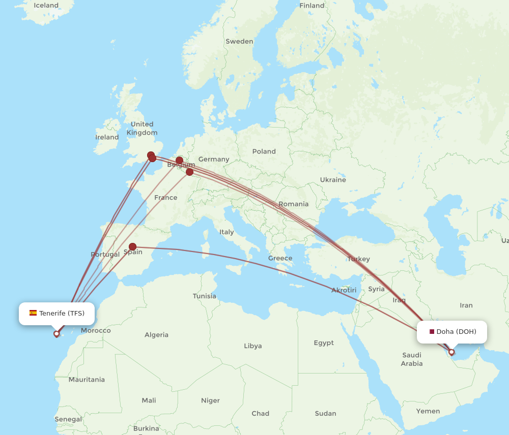 TFS to DOH flights and routes map