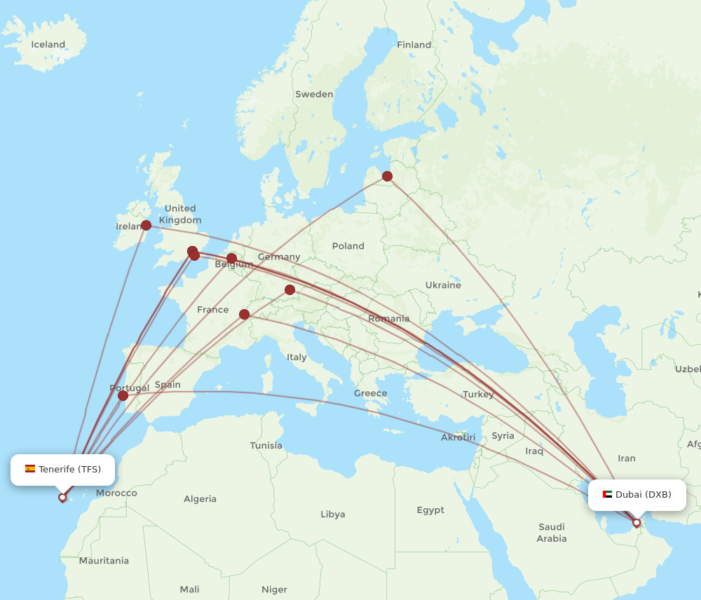 TFS to DXB flights and routes map