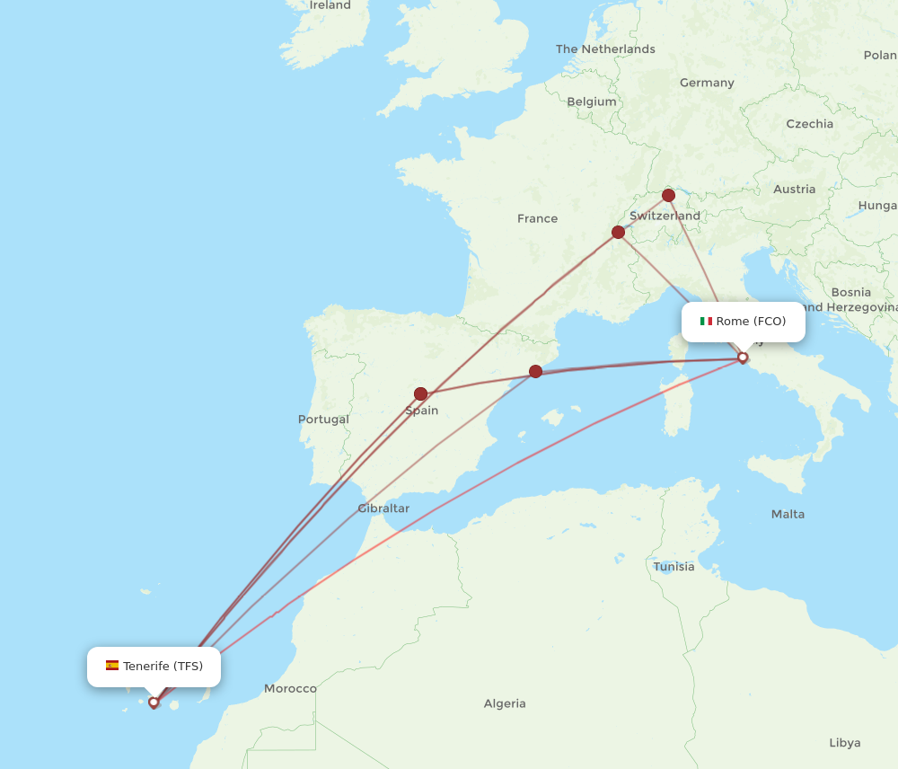 TFS to FCO flights and routes map