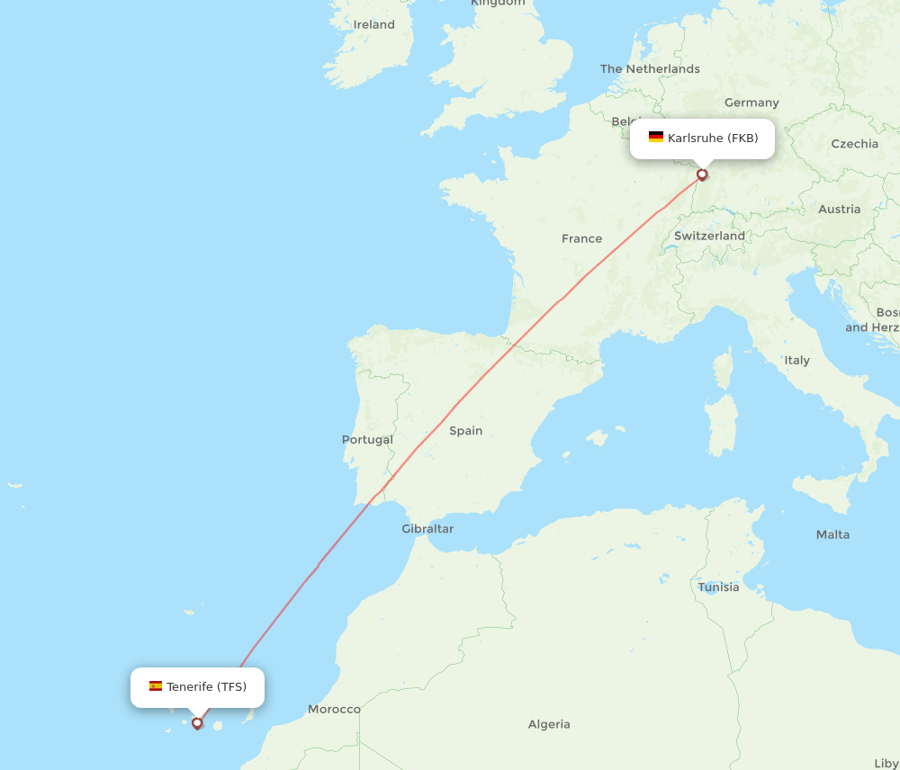 Tenerife - Karlsruhe/Baden-Baden route map and flight paths