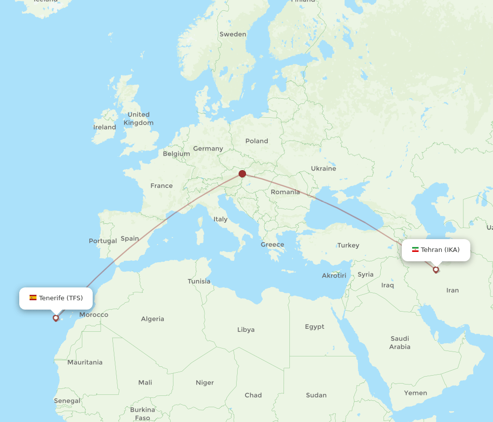 Tenerife - Tehran route map and flight paths