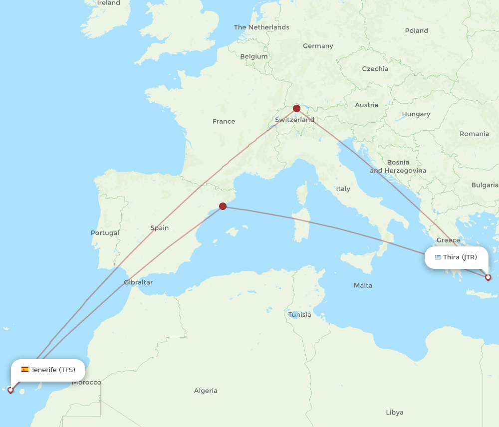 Thira - Tenerife route map and flight paths
