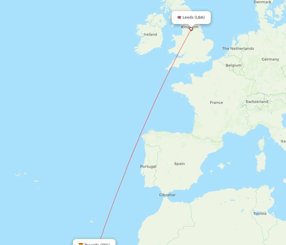 TFS to LBA flights and routes map