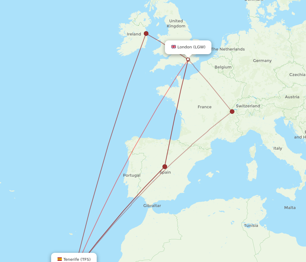 TFS to LGW flights and routes map
