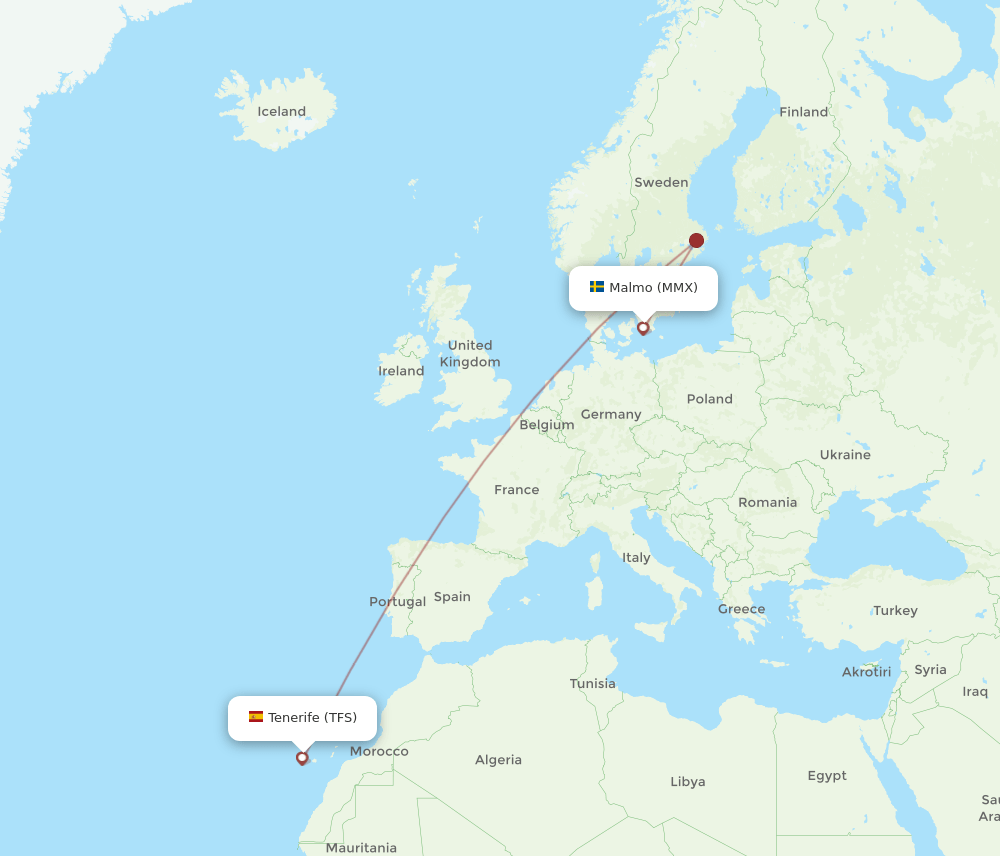 Malmo - Tenerife route map and flight paths
