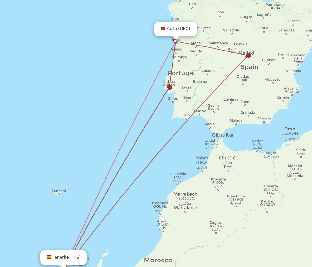 TFS to OPO flights and routes map