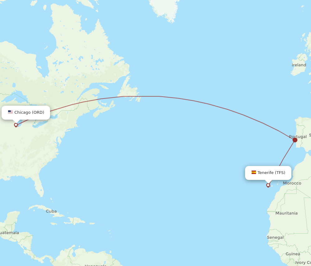 Chicago - Tenerife route map and flight paths