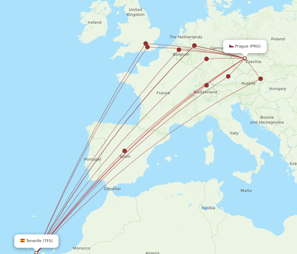 TFS to PRG flights and routes map
