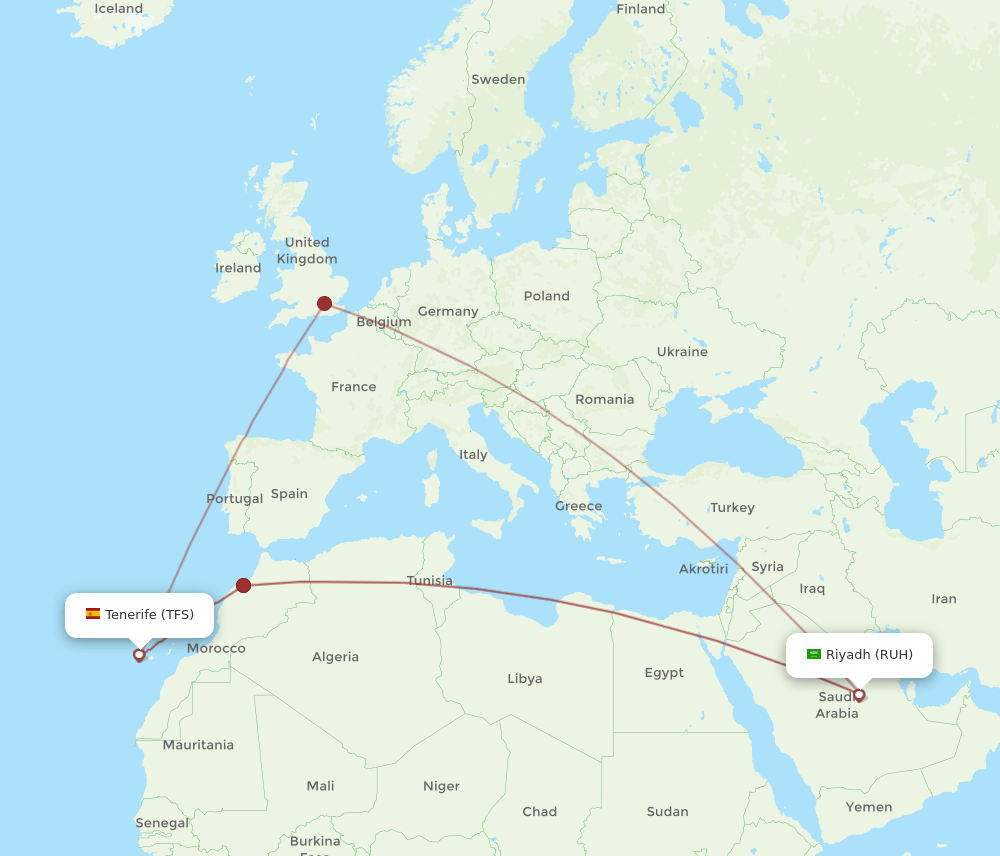 TFS to RUH flights and routes map