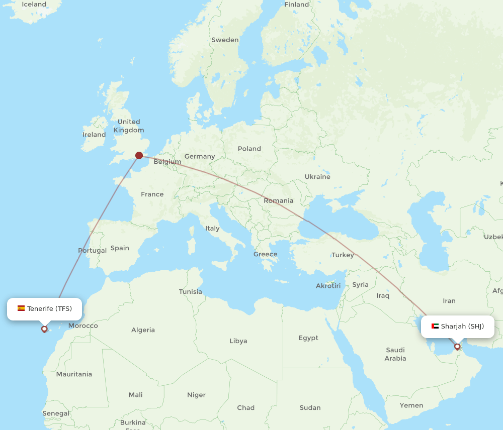 Tenerife - Sharjah route map and flight paths