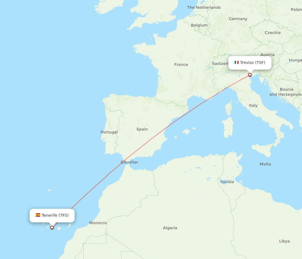 Tenerife - Venice route map and flight paths