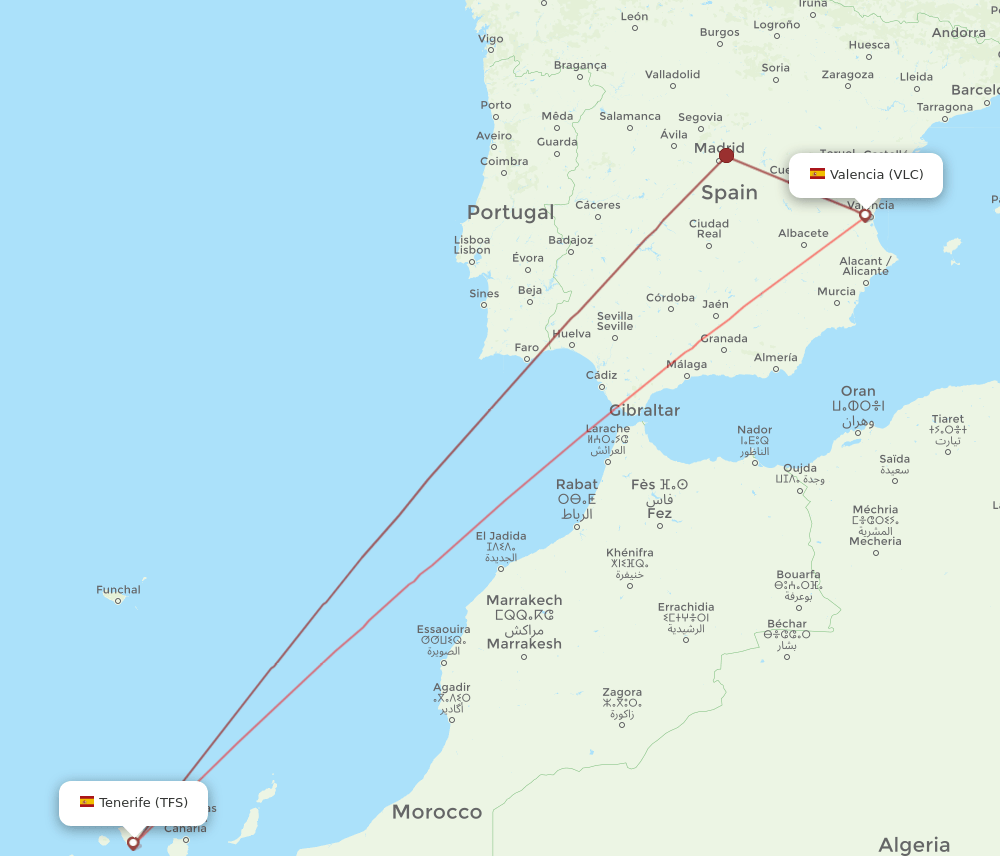 TFS to VLC flights and routes map