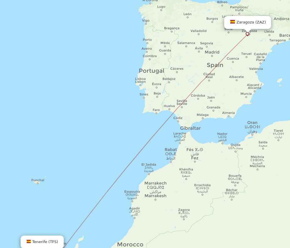 Zaragoza - Tenerife route map and flight paths