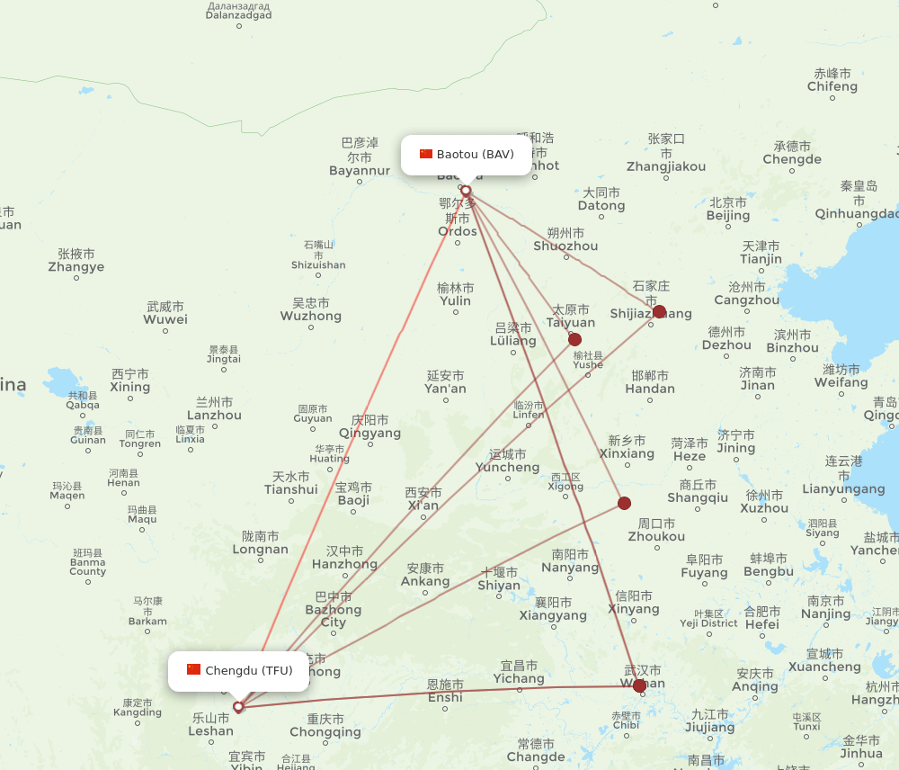 TFU to BAV flights and routes map
