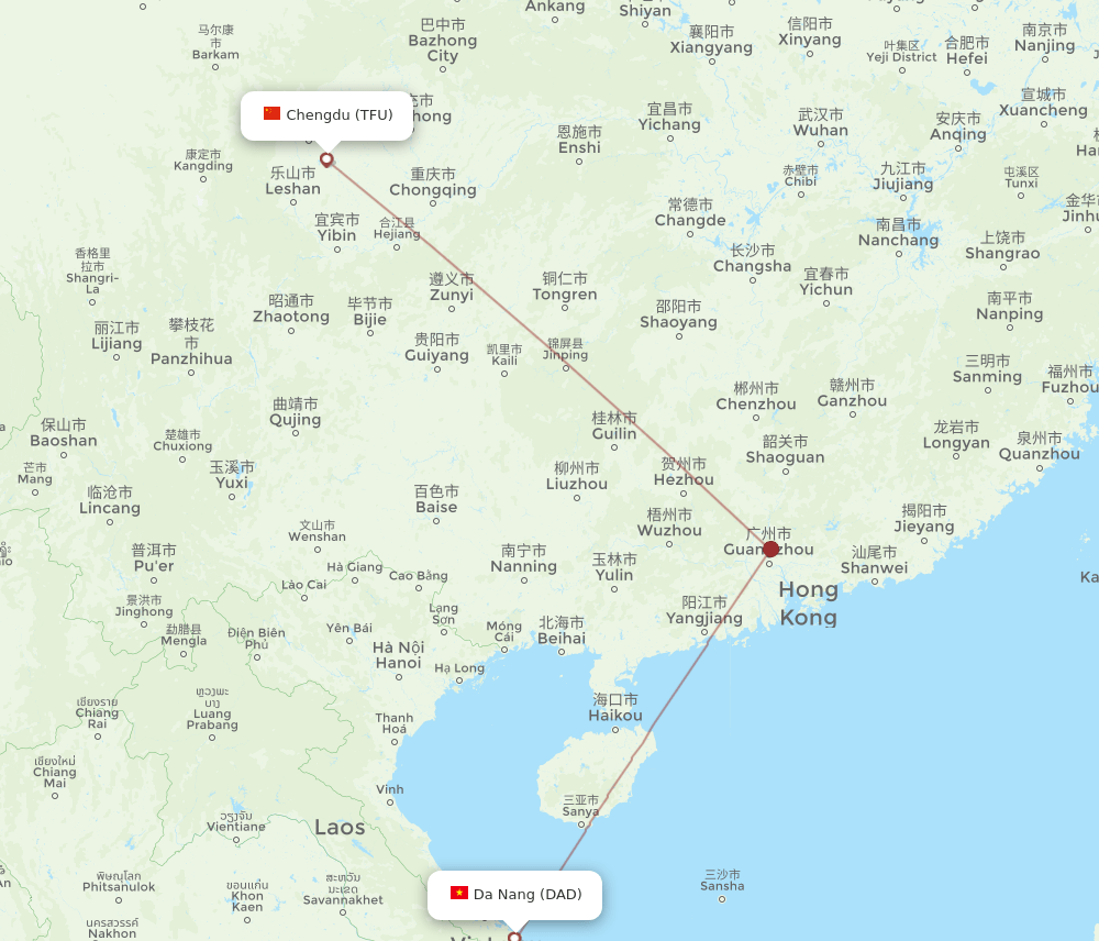 Da Nang - Chengdu route map and flight paths