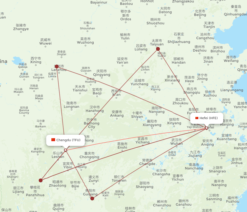 TFU to HFE flights and routes map