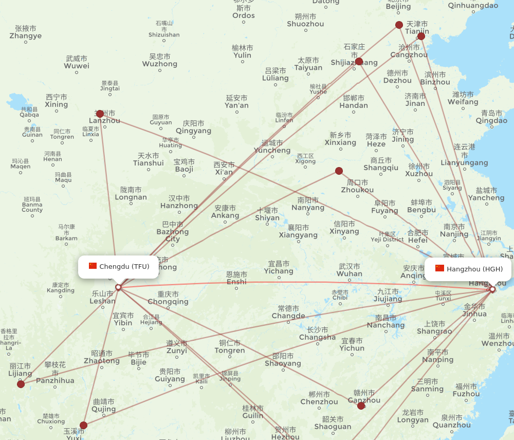 TFU to HGH flights and routes map