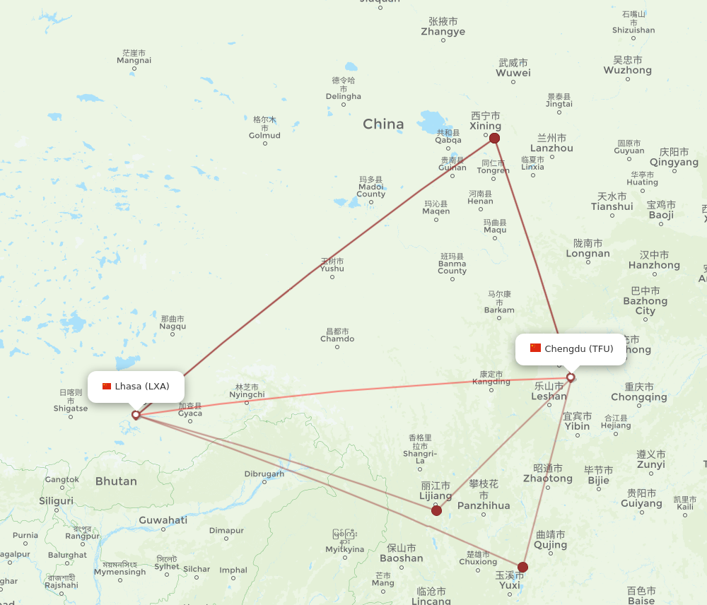 TFU to LXA flights and routes map
