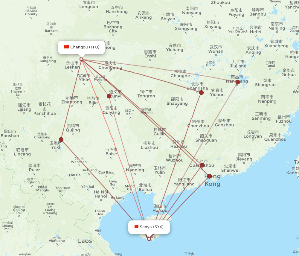 TFU to SYX flights and routes map